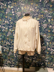 White member's only jacket with moth applique
