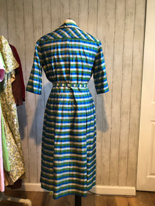 1950s Blue and Green Striped Dress